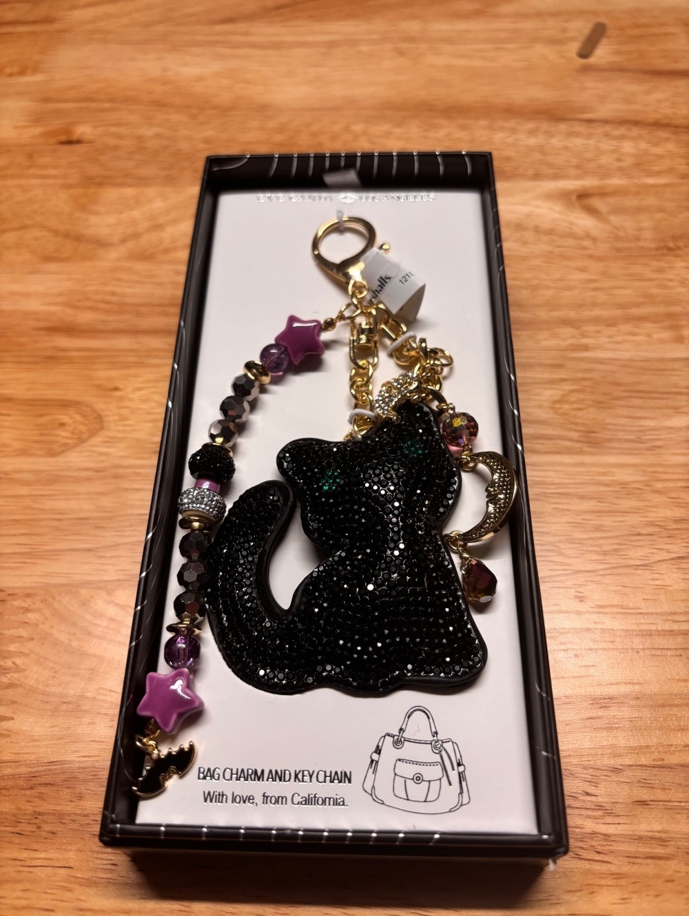 Black Cat Bag Charm and Key Chain with Purple Star Beads and Gold Accents nib